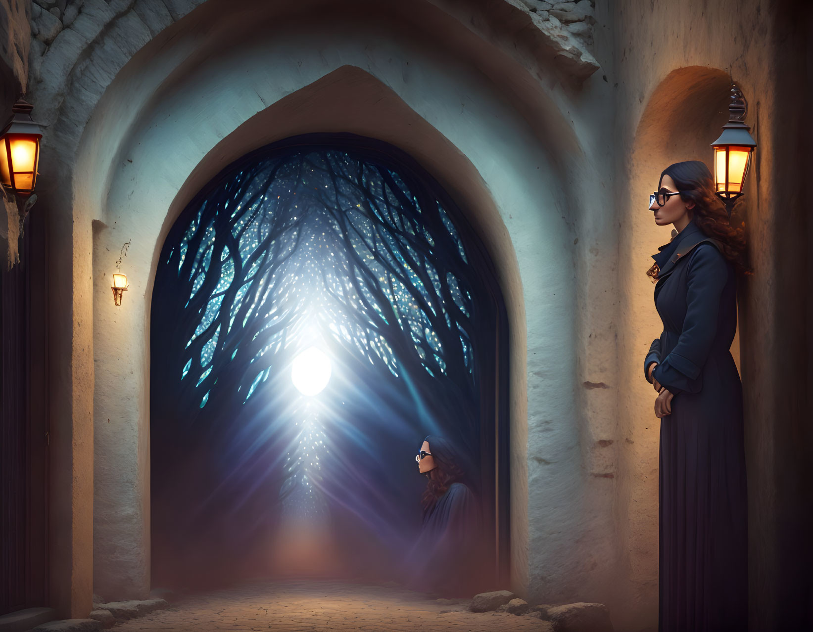 Surreal night sky with glowing archway and woman