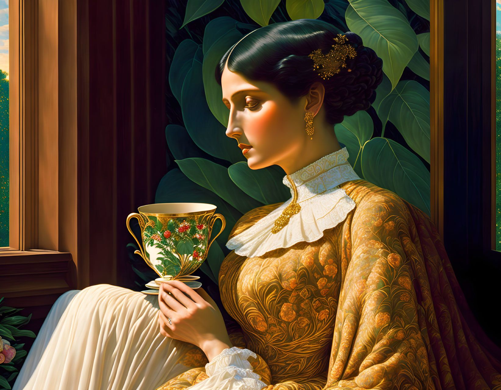 Golden dress woman with lace collar holding ornate cup by lush greenery window