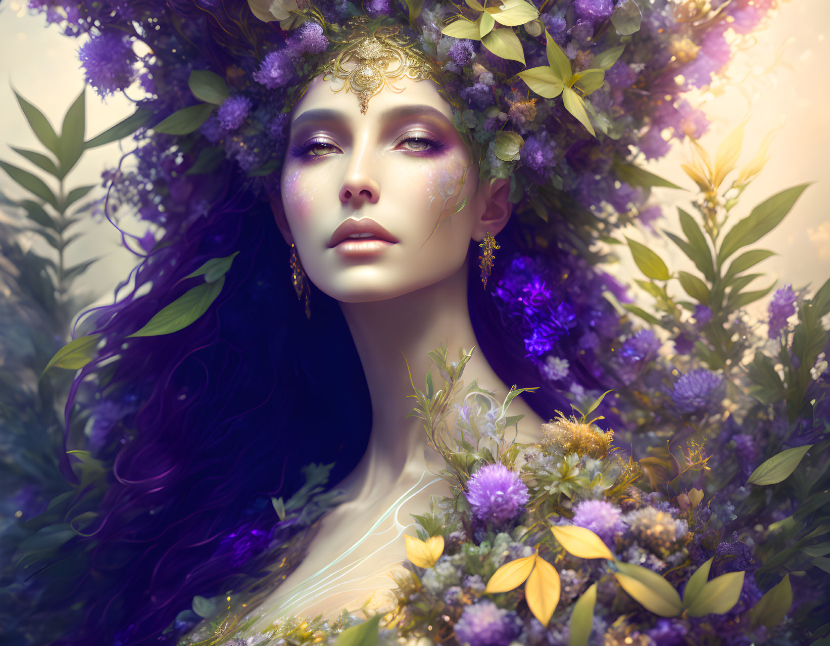 Mystical woman with purple and gold floral crown in ethereal setting