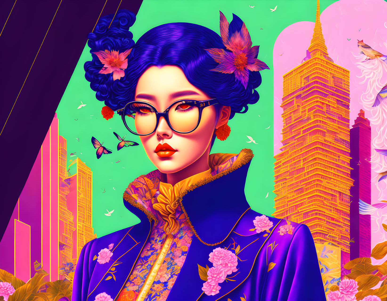 Colorful digital artwork: Stylized woman with blue hair and floral outfit in vibrant cityscape.