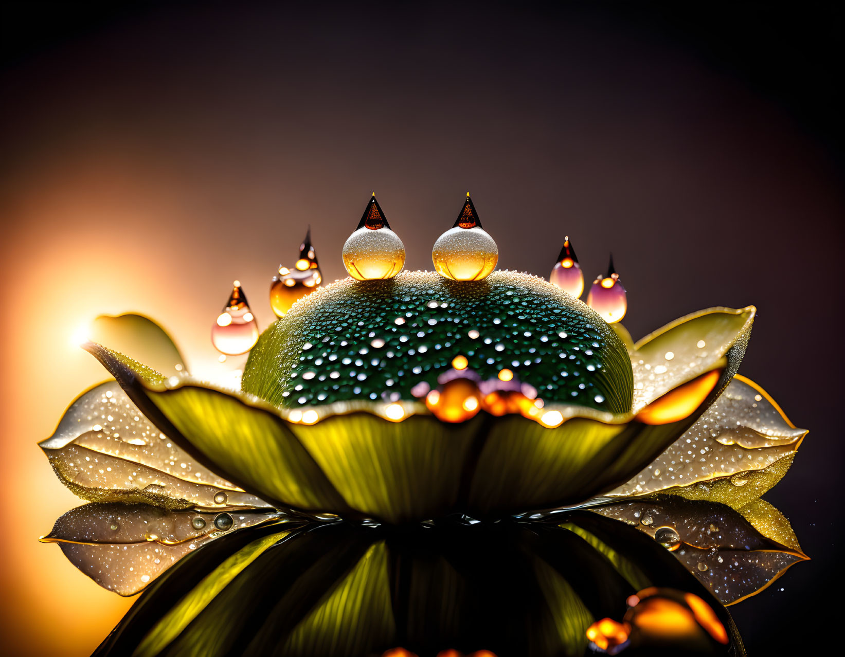 Water droplets on plant leaf with light reflections and glistening effect