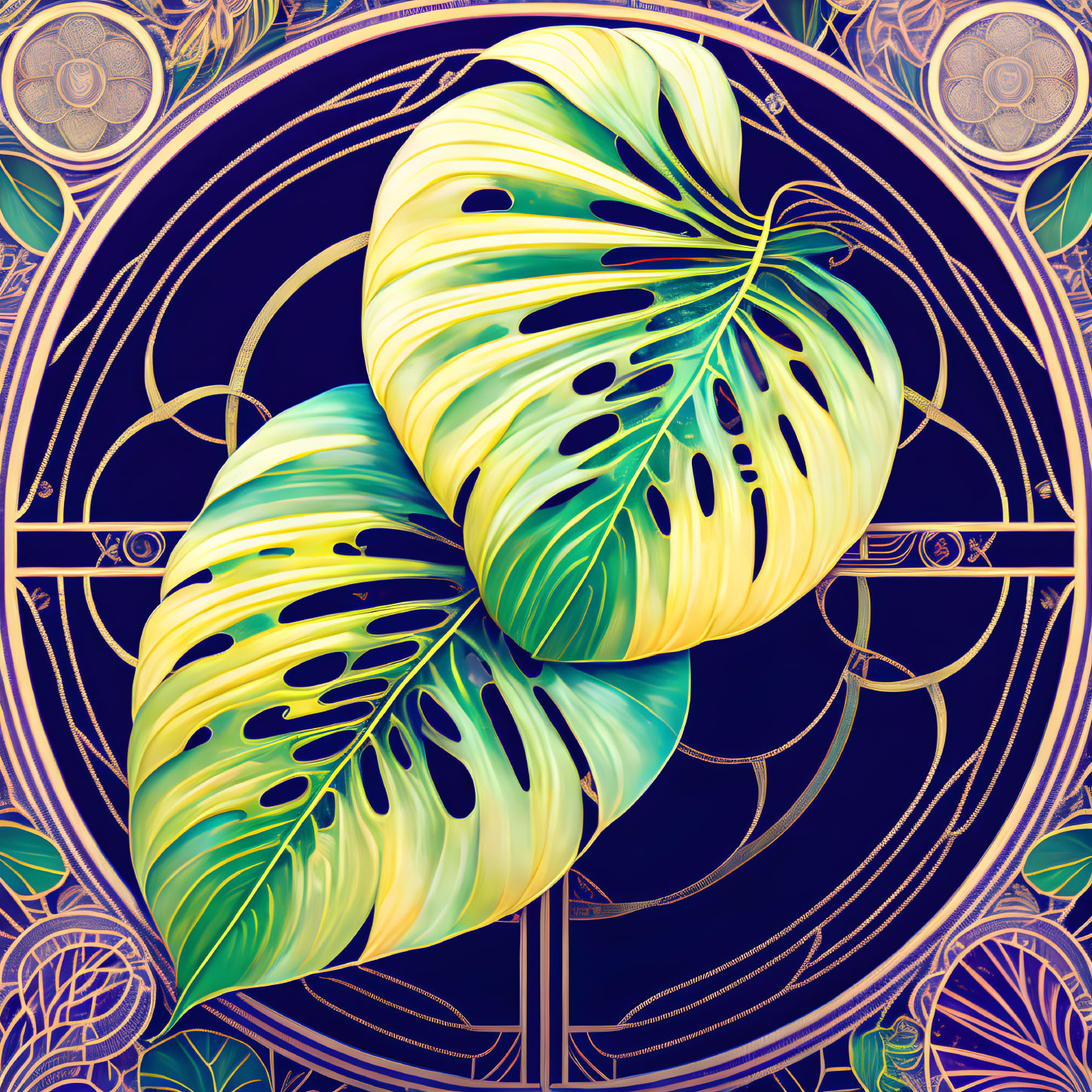 Colorful digital artwork: Monstera leaves, intricate line patterns, purple and gold geometric background.