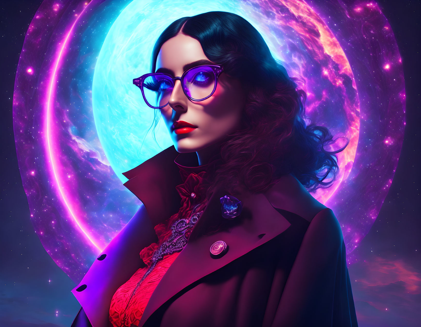 Dark-Haired Woman in Blue Glasses in Cosmic Setting