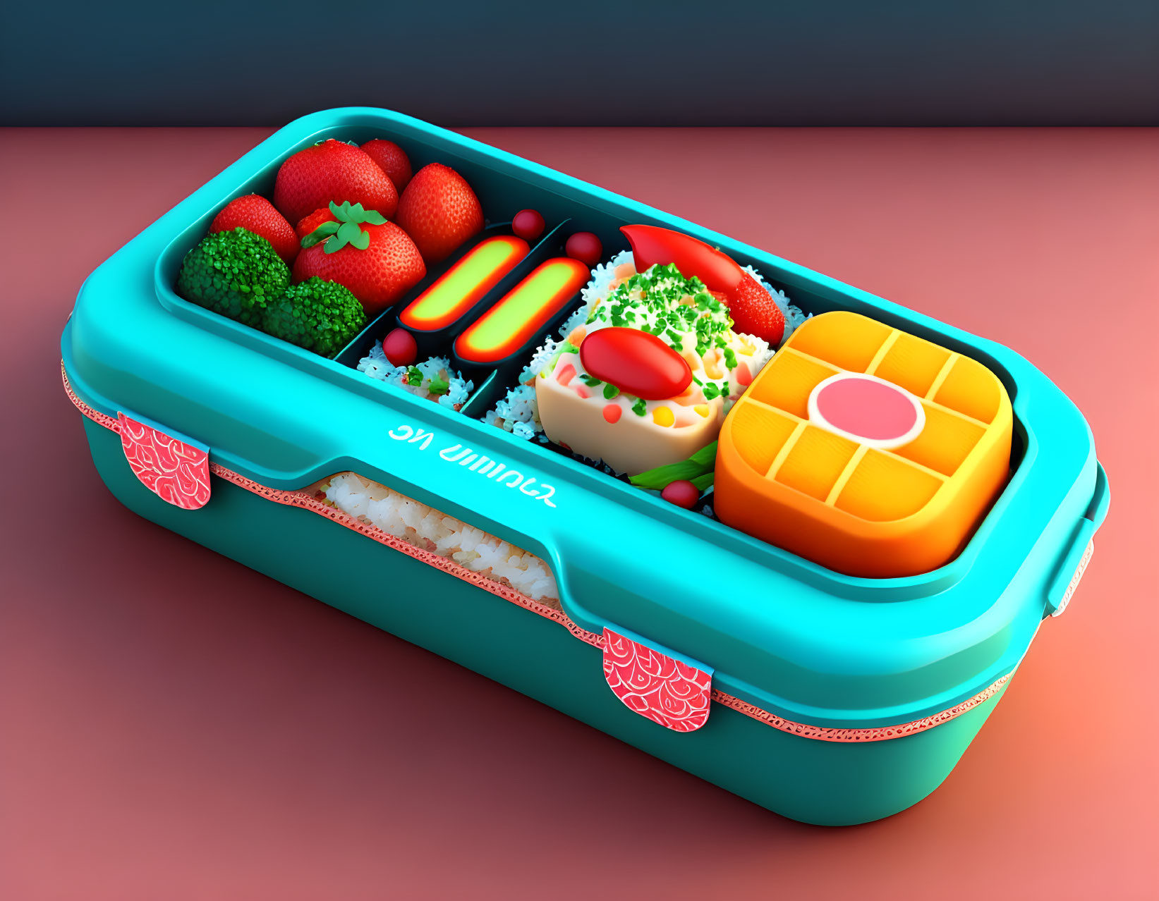 Vibrant bento box with assorted food items on colorful backdrop