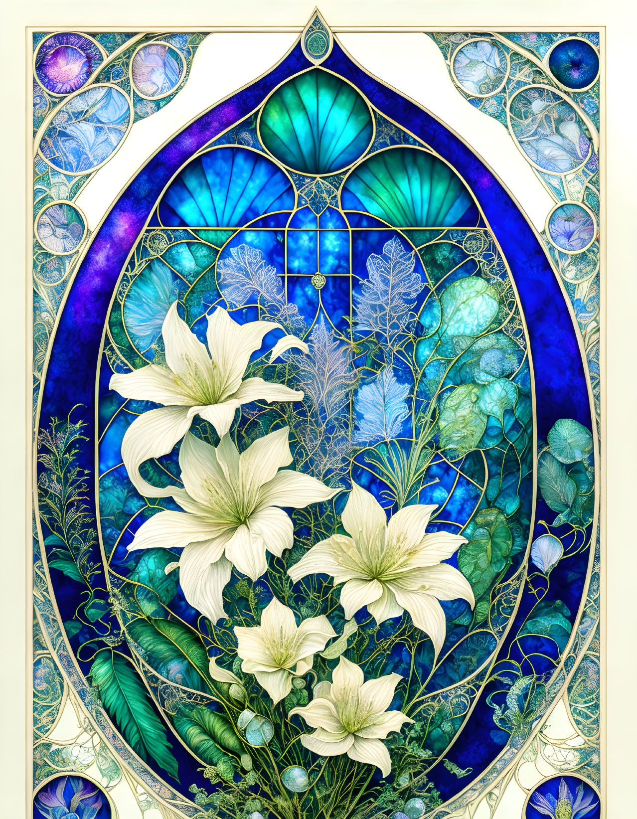 Stained-Glass Window Design: White Lilies, Blue & Green Foliage on Vibrant