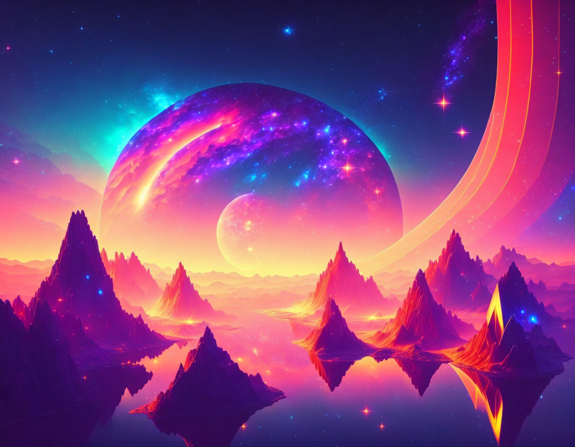 Colorful cosmic landscape with neon mountains and starry sky.