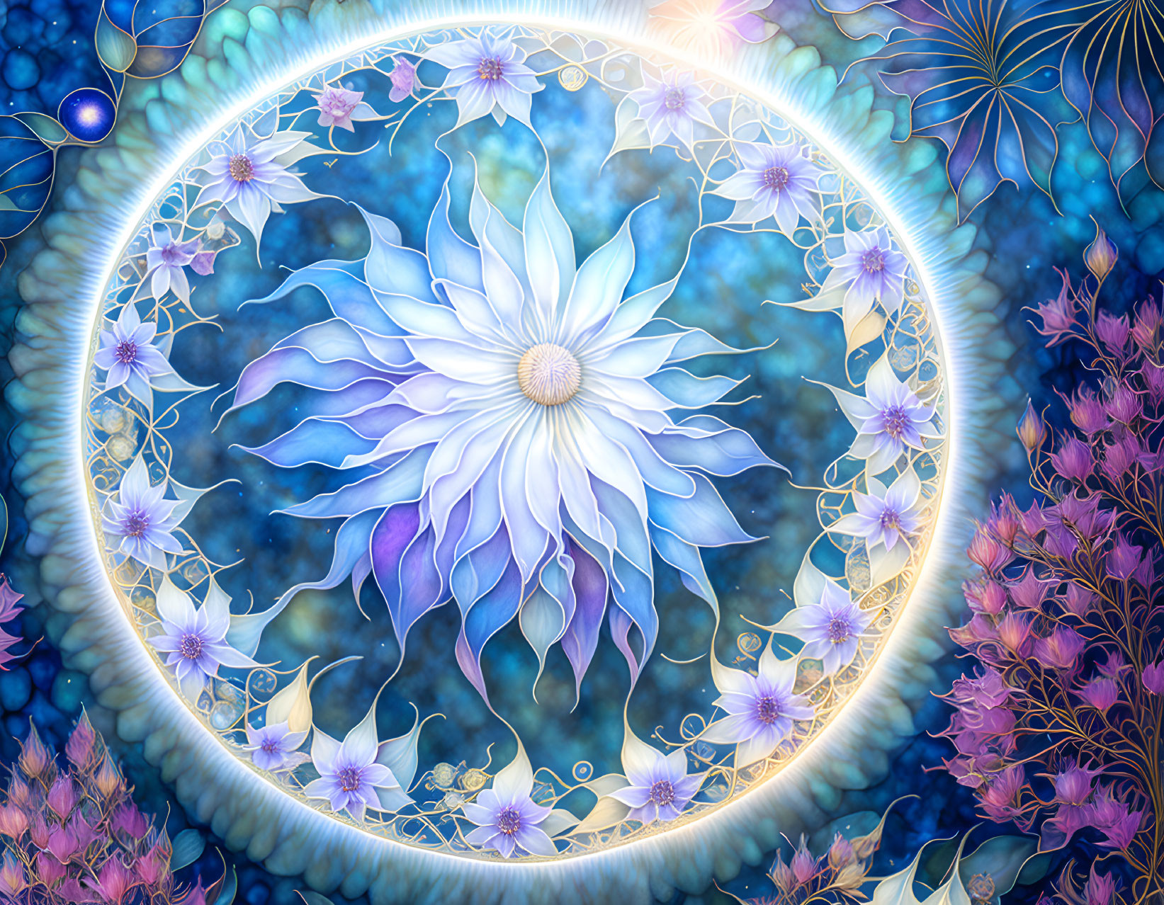 Digital Artwork: Luminescent White Flower with Celestial Orbs