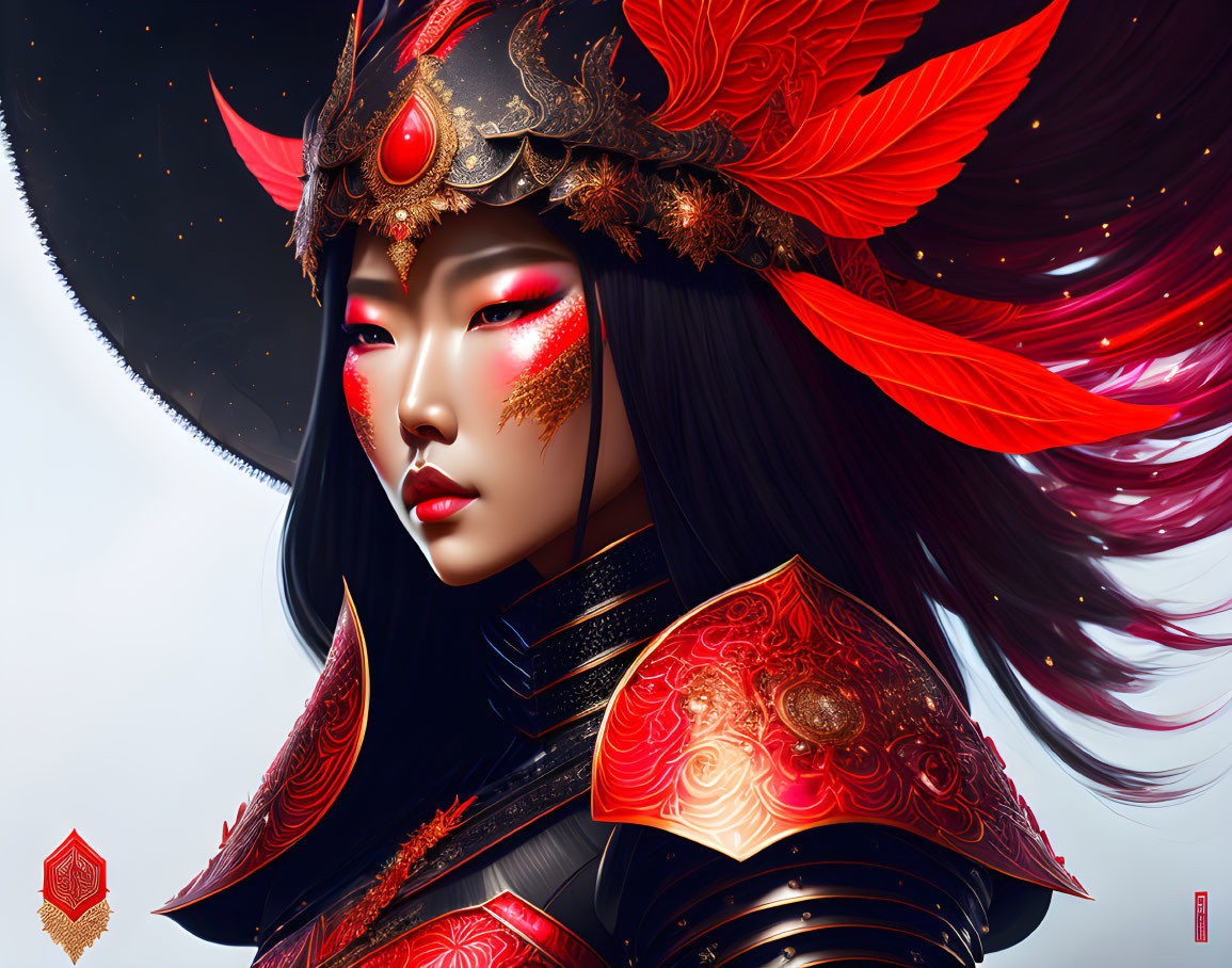 Woman in ornate red and gold armor with mystical helmet and purple hair