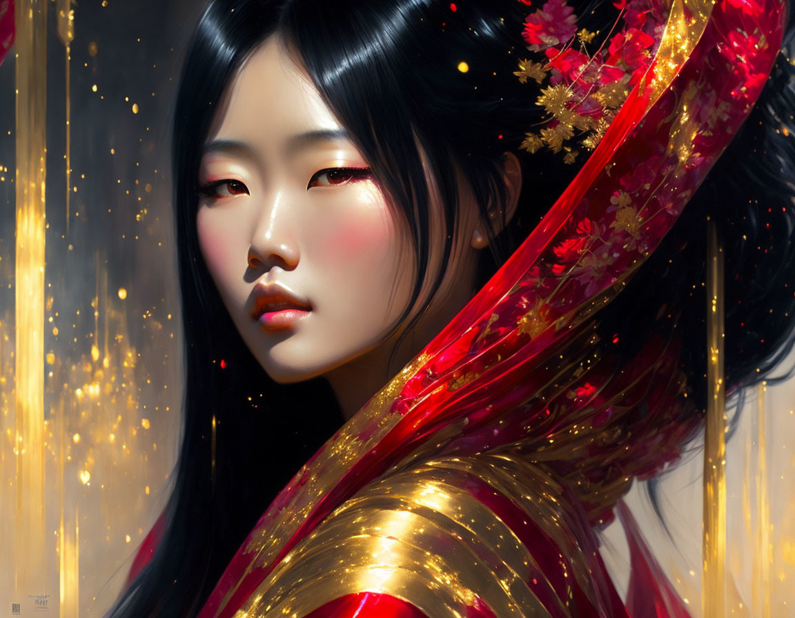 Dark-haired woman in red and gold garment surrounded by golden particles and flowers