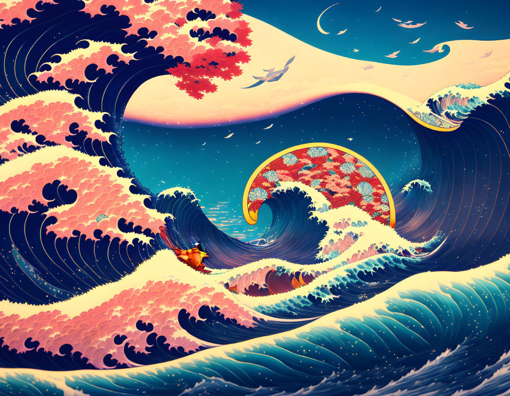 Digital artwork of vibrant wave with floral crest, person surfing, birds, and clouds.