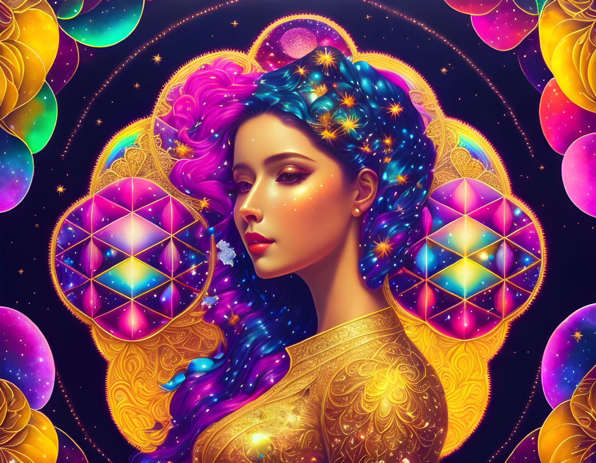 Cosmic-inspired woman illustration with vibrant starry hair.