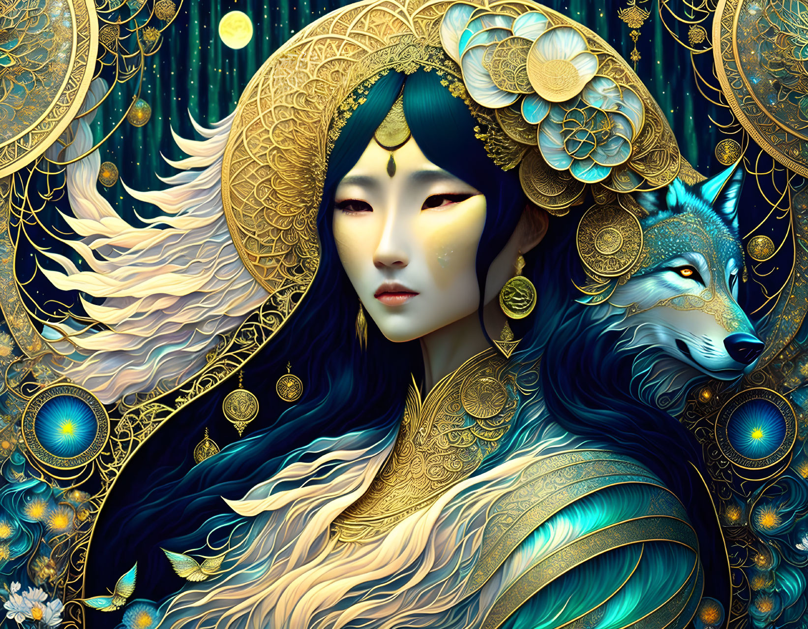 Digital artwork: Asian woman and mystical wolf in golden celestial setting