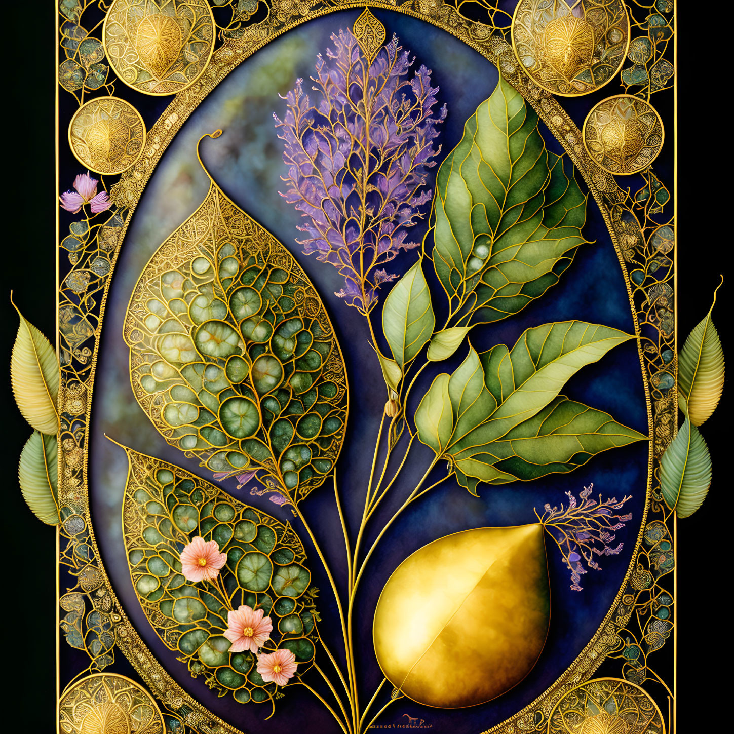 Detailed botanical illustration: Golden leaves and flowers on purple-black background.