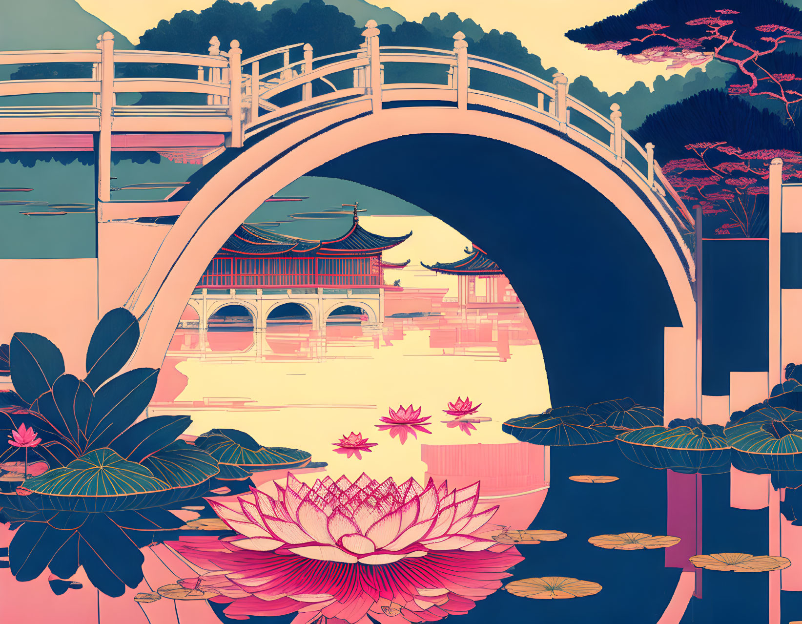 Illustration of arched bridge over water to Asian pavilion with lotus flowers and mountains