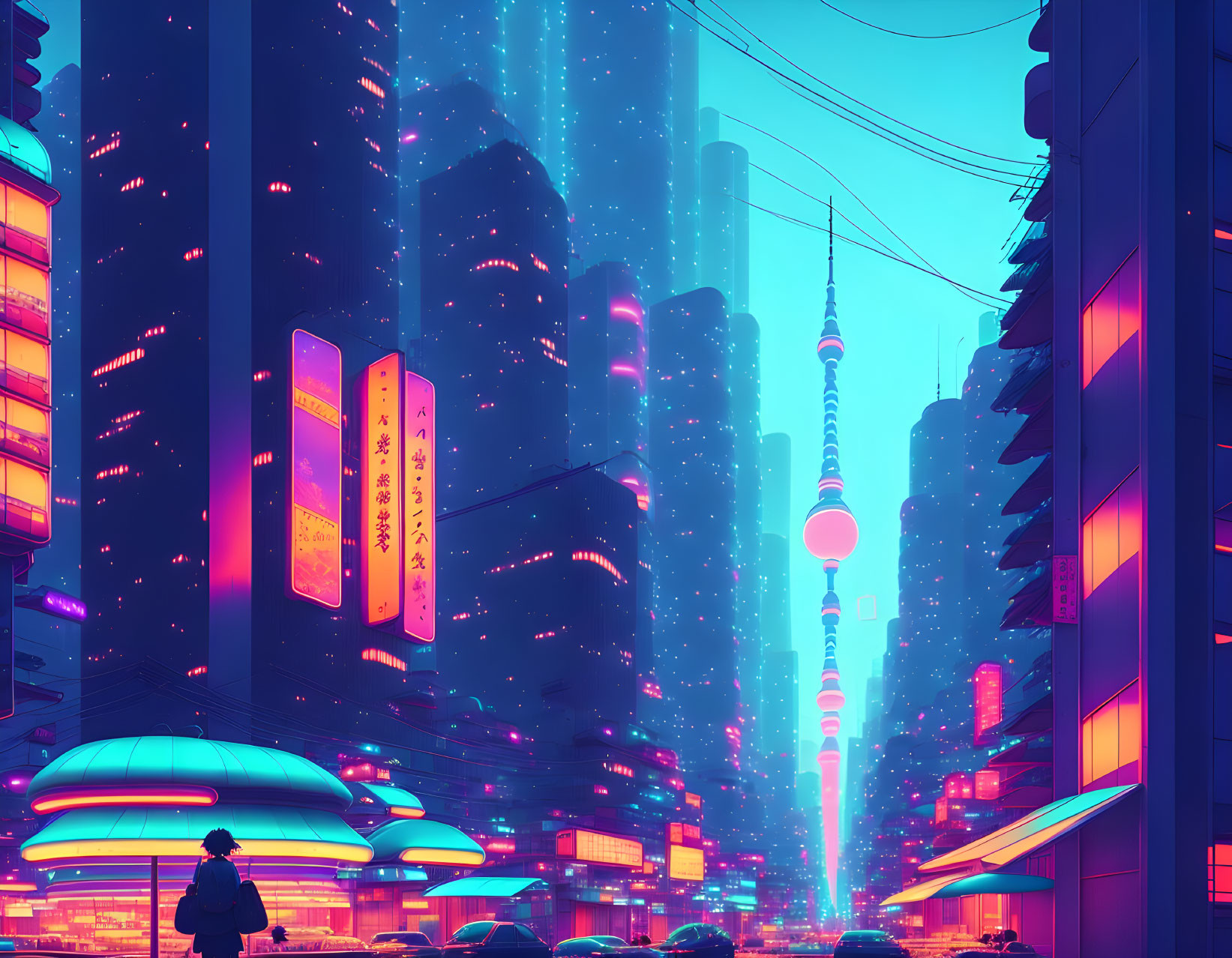 Futuristic cyberpunk cityscape with neon signs, skyscrapers, figure, and futuristic cars