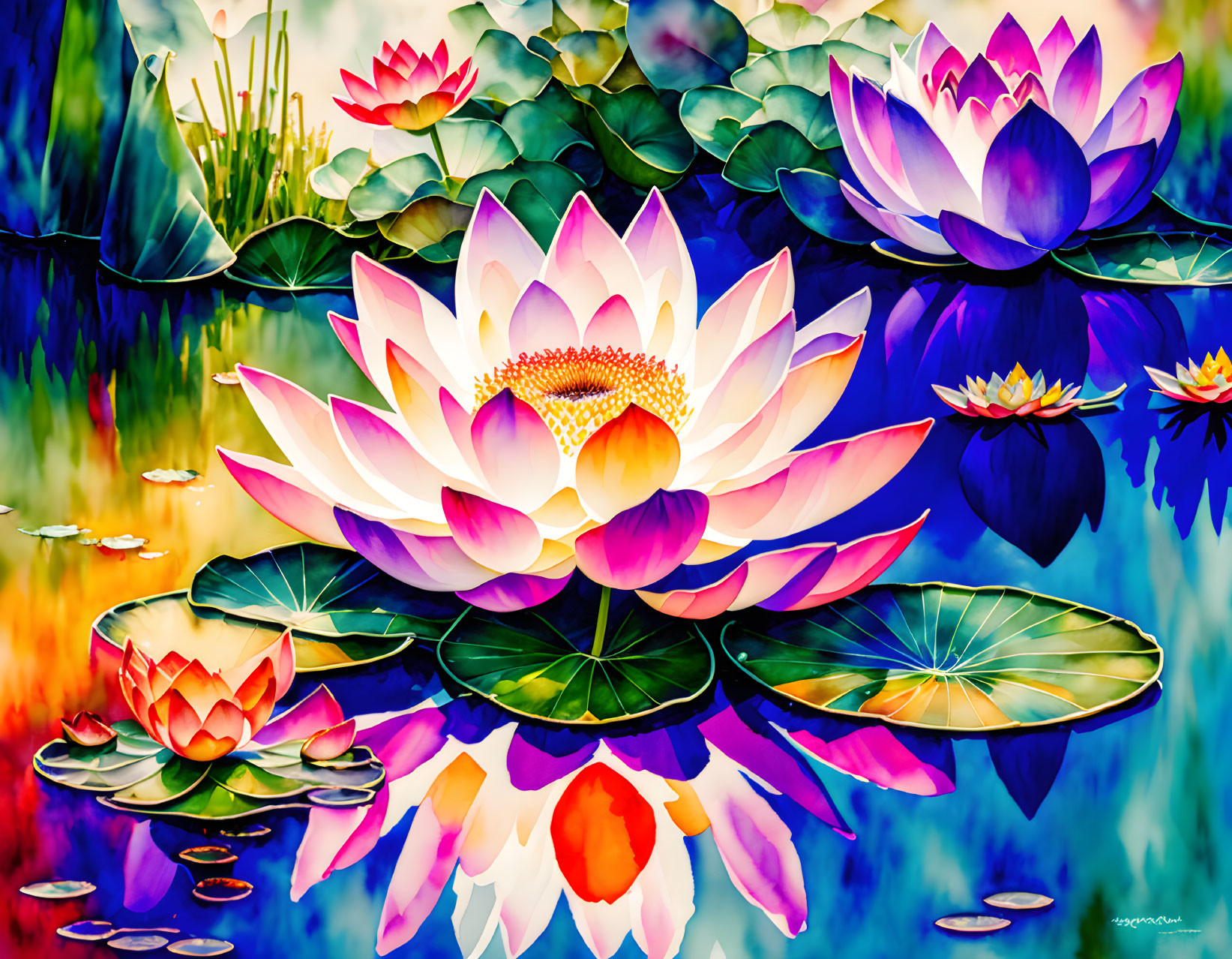 Colorful water lilies painting with impressionistic backdrop