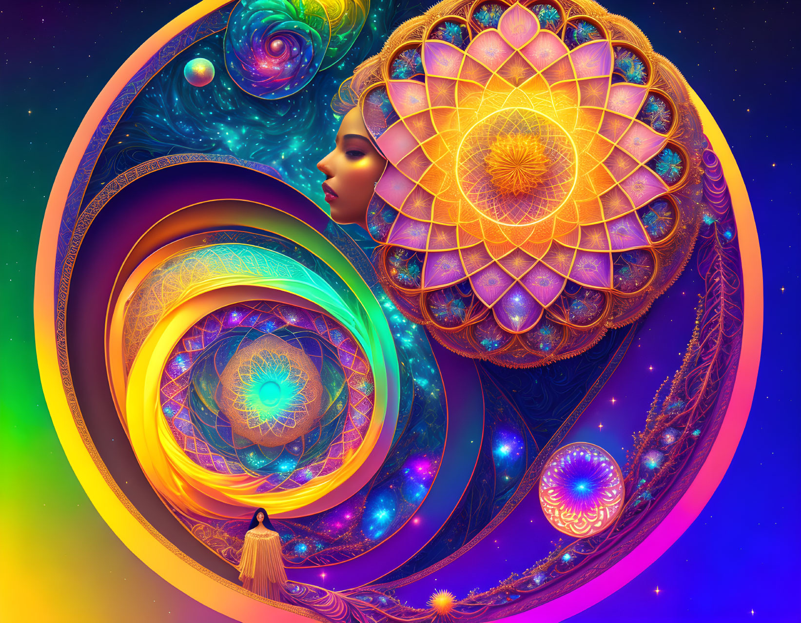 Colorful digital art: Woman's face, cosmic elements, fractal patterns