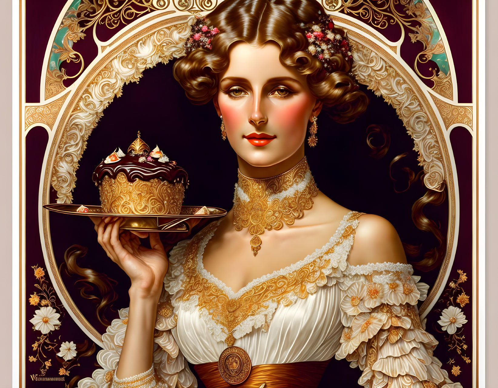 Vintage woman with ornate dress and cake tray in Art Nouveau style.