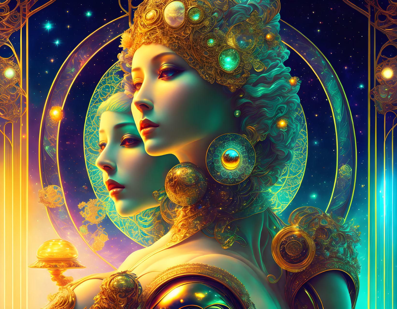 Regal Female Figures with Golden Headdresses in Celestial Digital Art