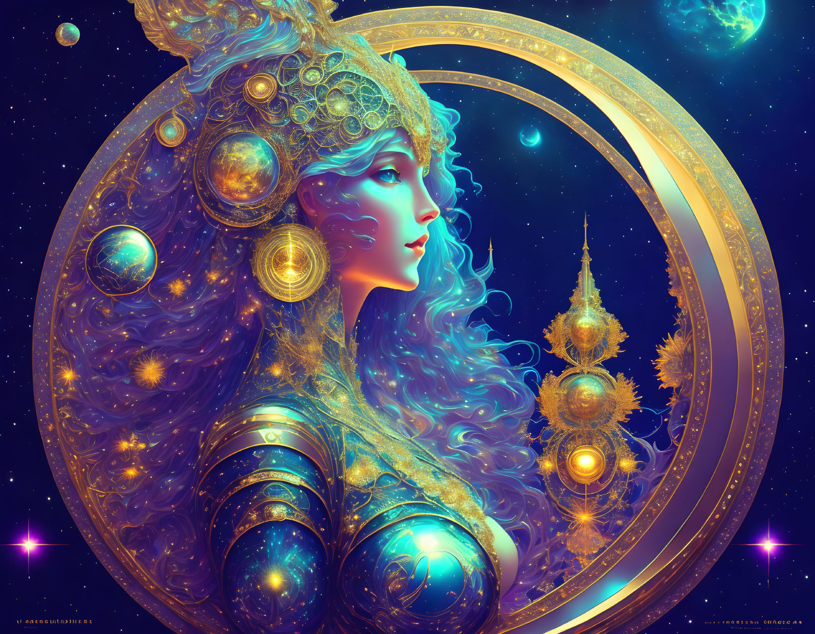 Digital artwork: Woman with celestial elements and golden headdress in starry space.