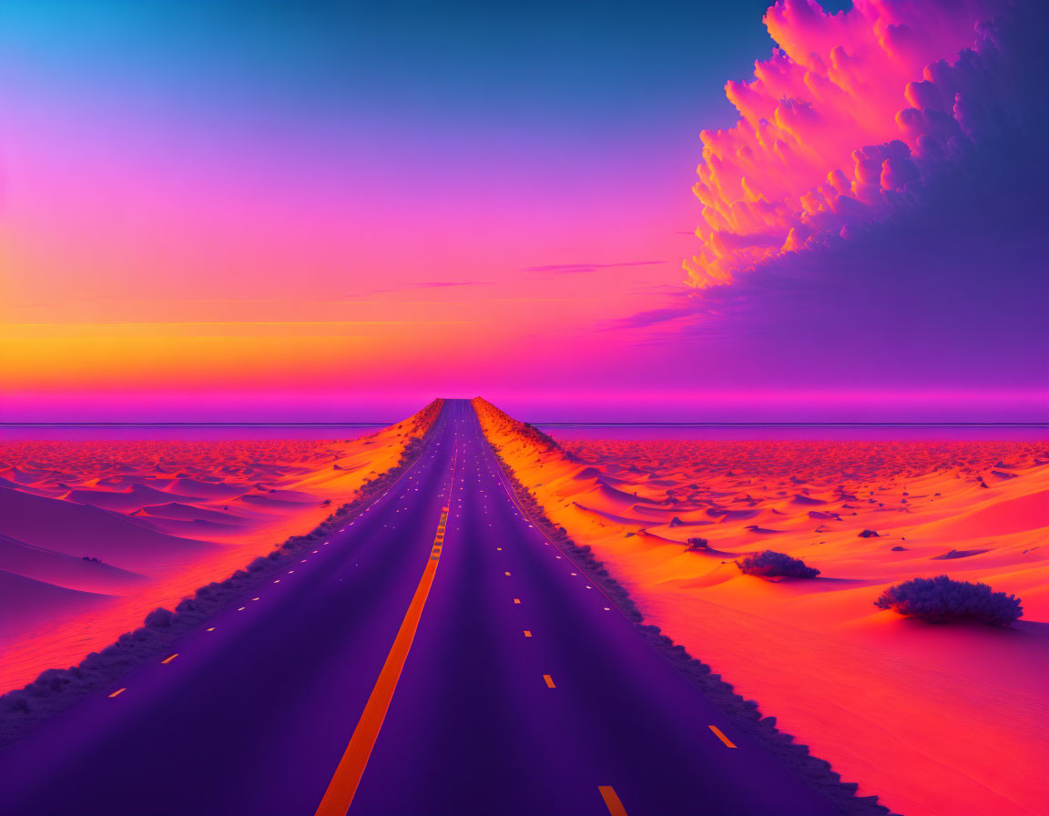 Desert sunset with straight road and sand dunes under purple and orange sky