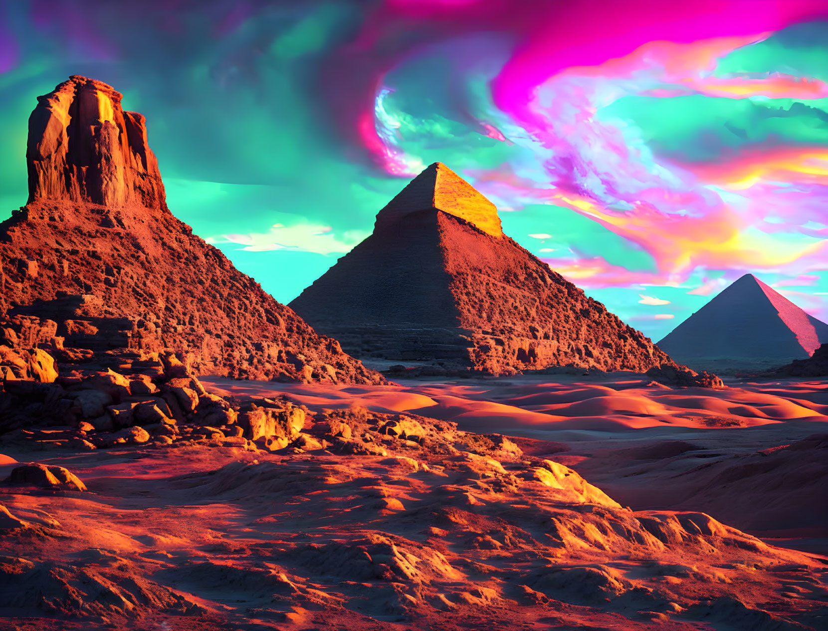 Colorful desert landscape with Great Pyramid and Sphinx under purple sky