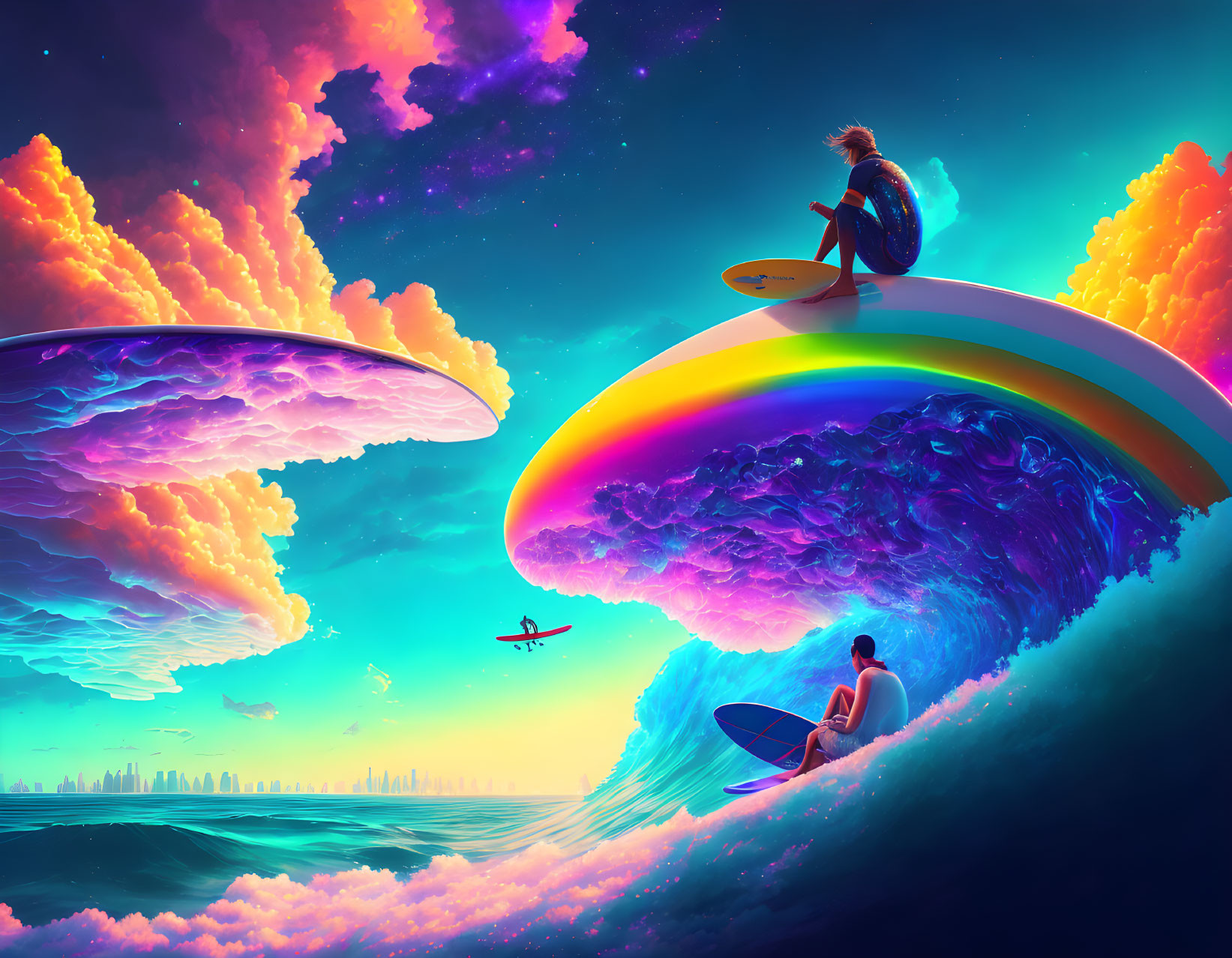 Colorful digital artwork: surfers, rainbow, neon clouds, surreal sky