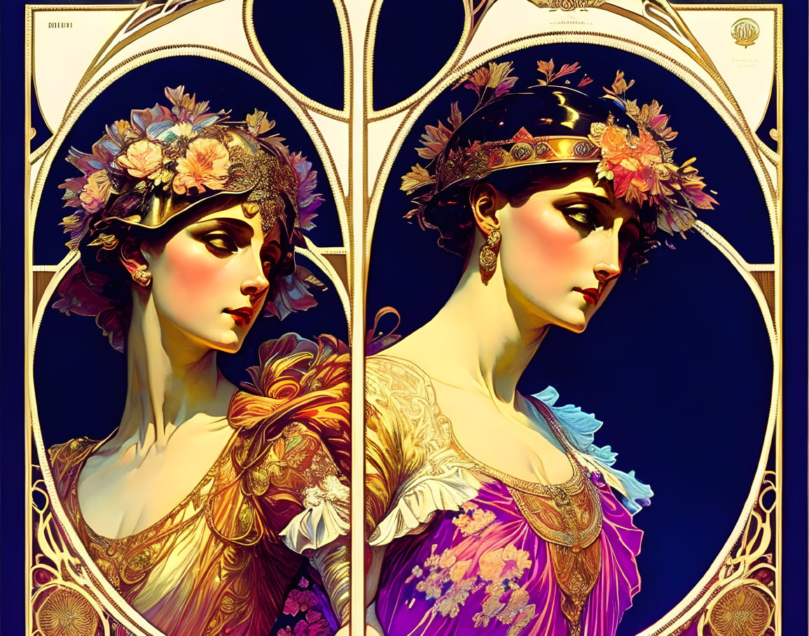 Art Nouveau Style Illustration of Two Women with Floral Headpieces