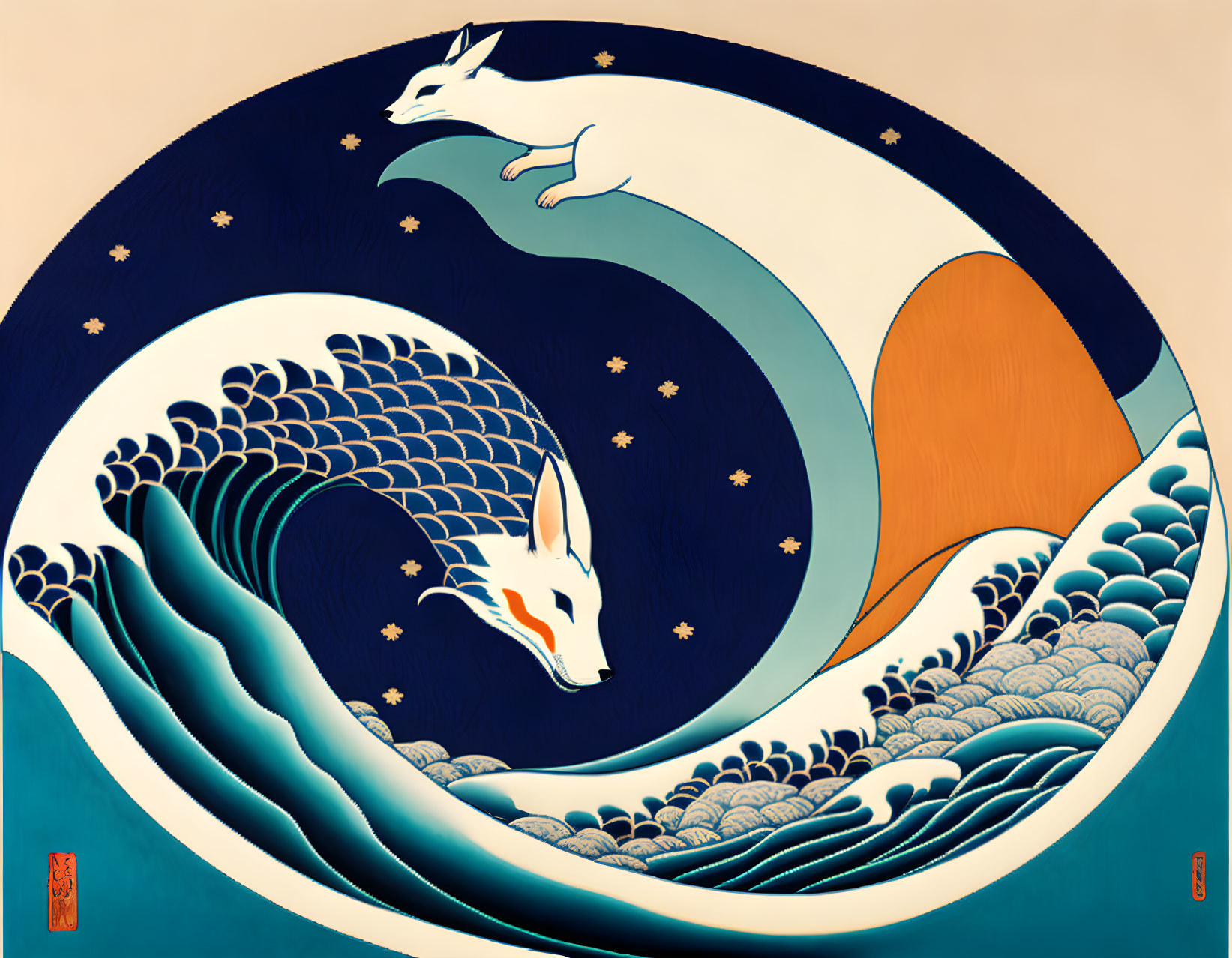 Stylized illustration of two white foxes leaping through wave pattern