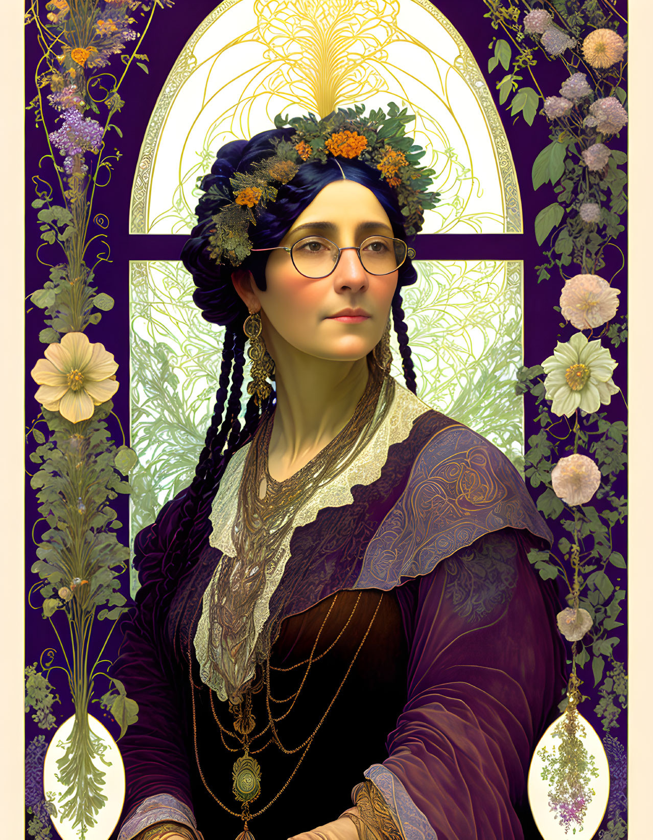 Woman in vintage attire with floral headdress and glasses against botanical backdrop