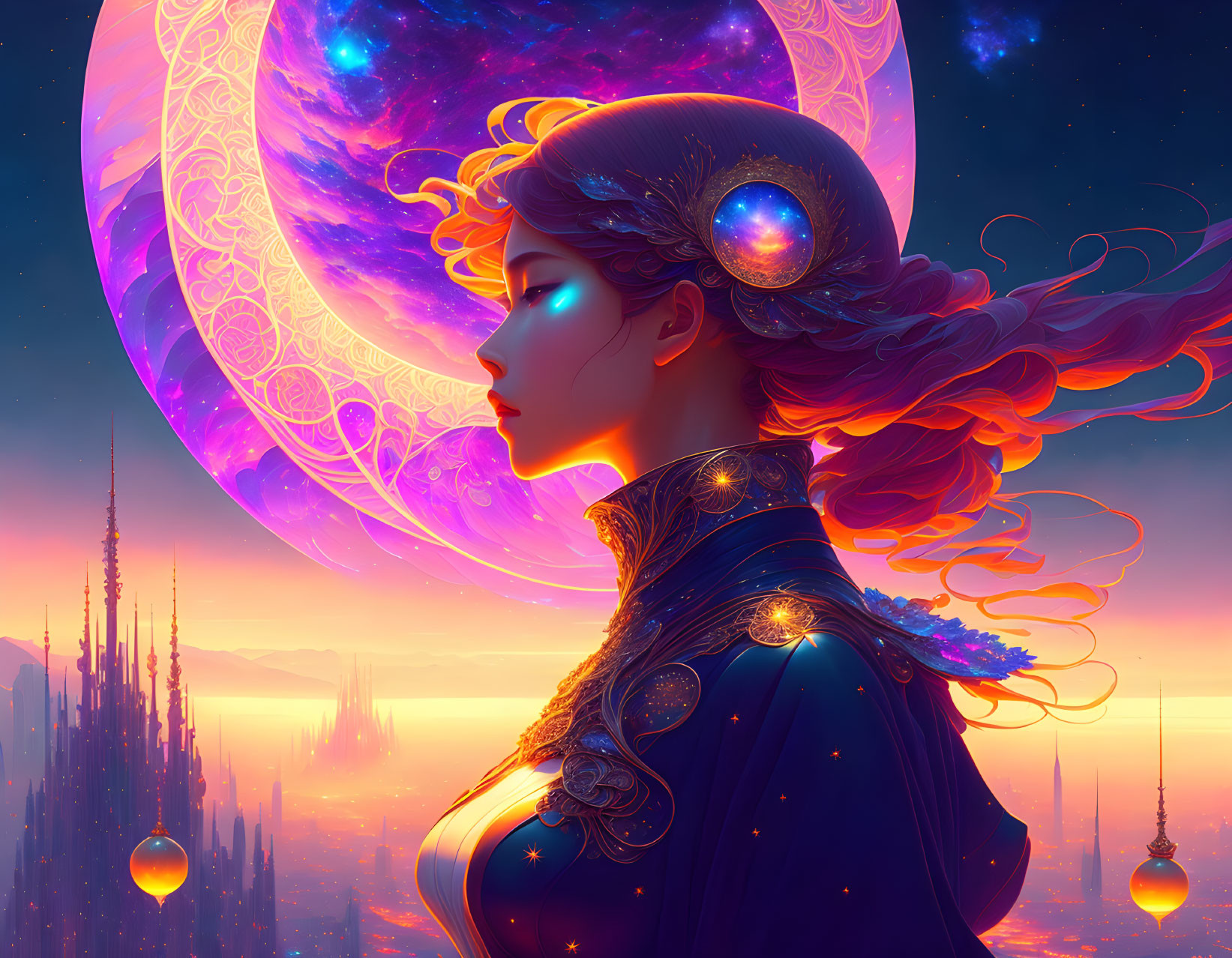 Vibrant-haired celestial figure in fantasy setting with giant moon and futuristic city