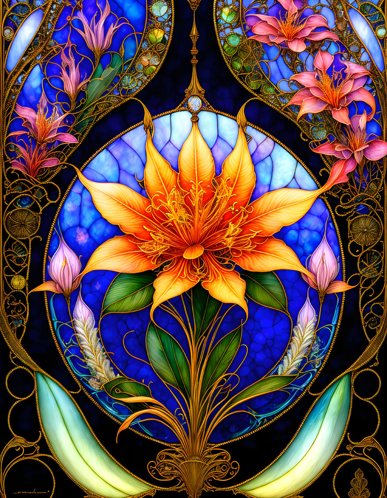 Colorful Stained-Glass Style Illustration of Orange Flower with Blue and Purple Floral Patterns