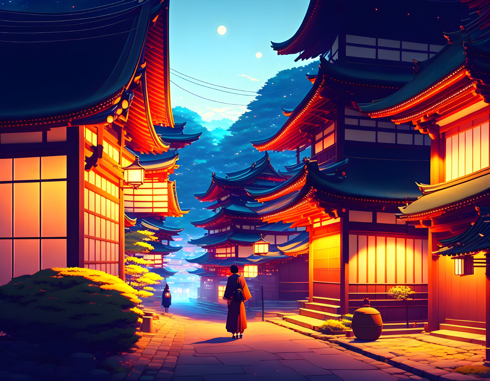 Traditional Japanese street at dusk with glowing lanterns and pagoda-style buildings