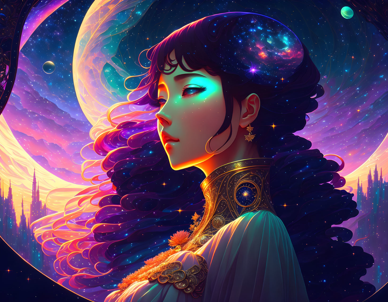 Digital art portrait: Woman with cosmic hair in celestial background