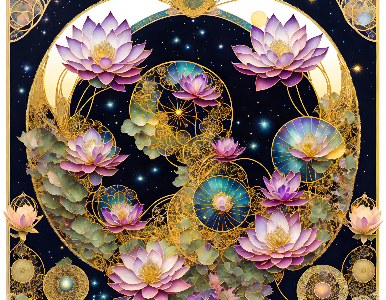 Purple Lotus Flowers with Gold Geometric Patterns on Cosmic Background