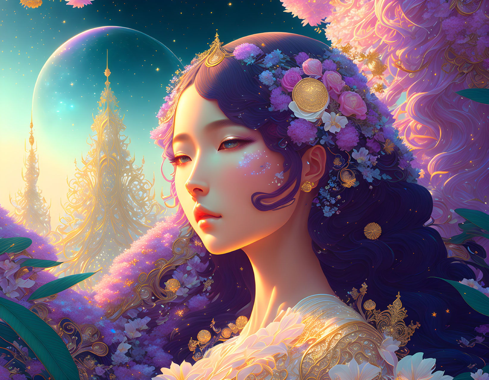 Woman with floral hair adornments in moonlit fantasy landscape