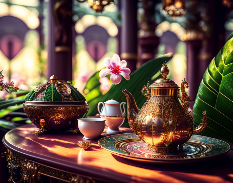 Golden teapot, cup, jewelry box, greenery, flowers in luxurious interior