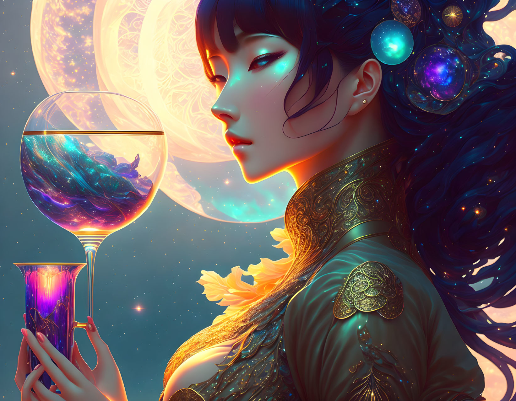 Cosmic hair woman holding glowing chalice in celestial setting