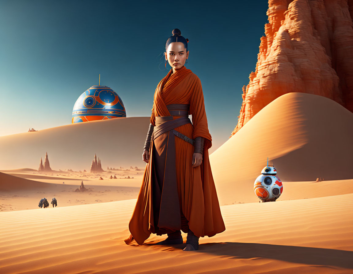 Person in Orange and Brown Robes with Spherical Droids in Desert Landscape