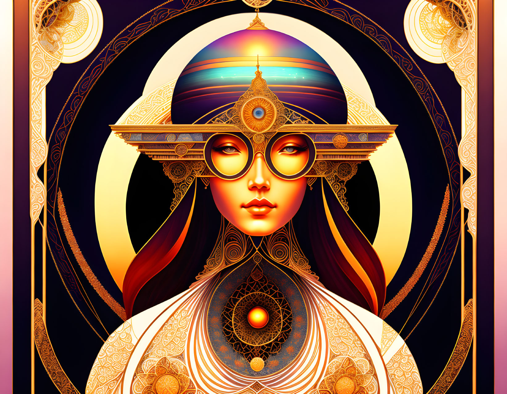 Stylized portrait of woman with golden headwear on colorful circular background