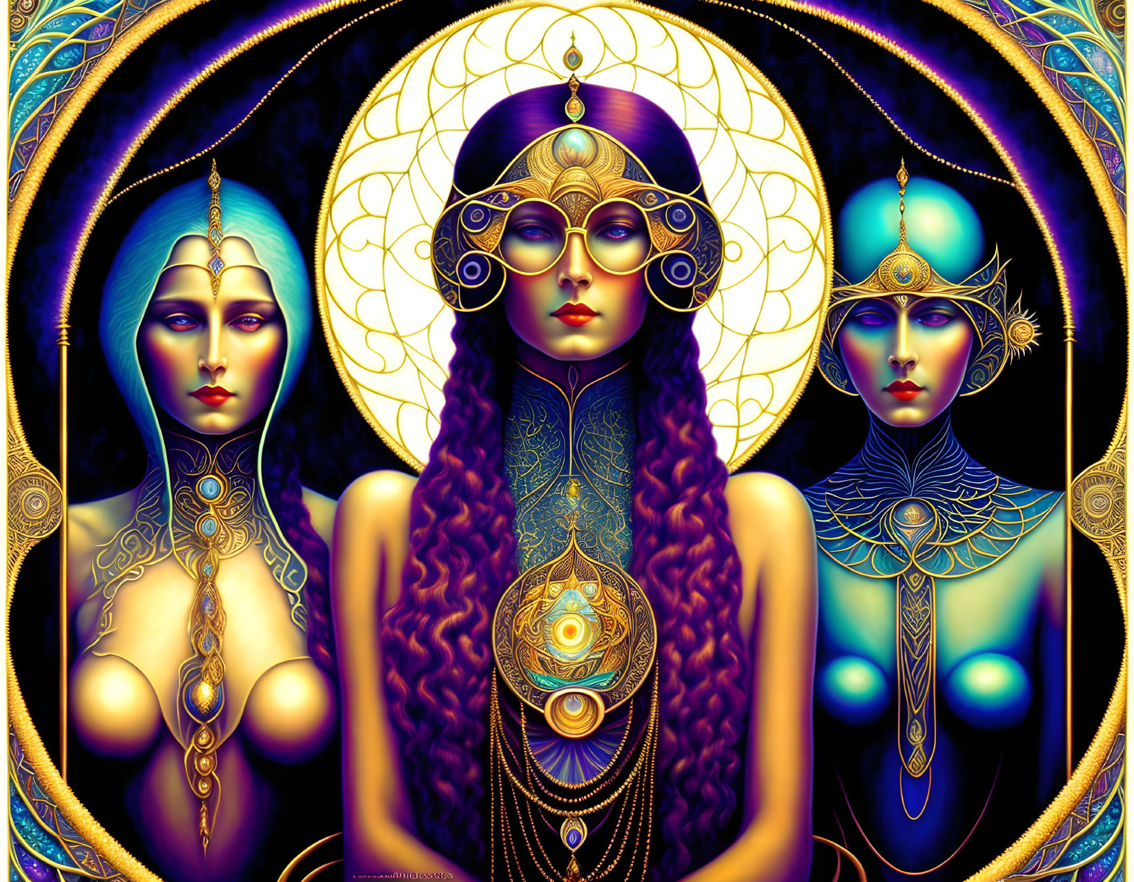 Stylized women with golden headdresses in dark background