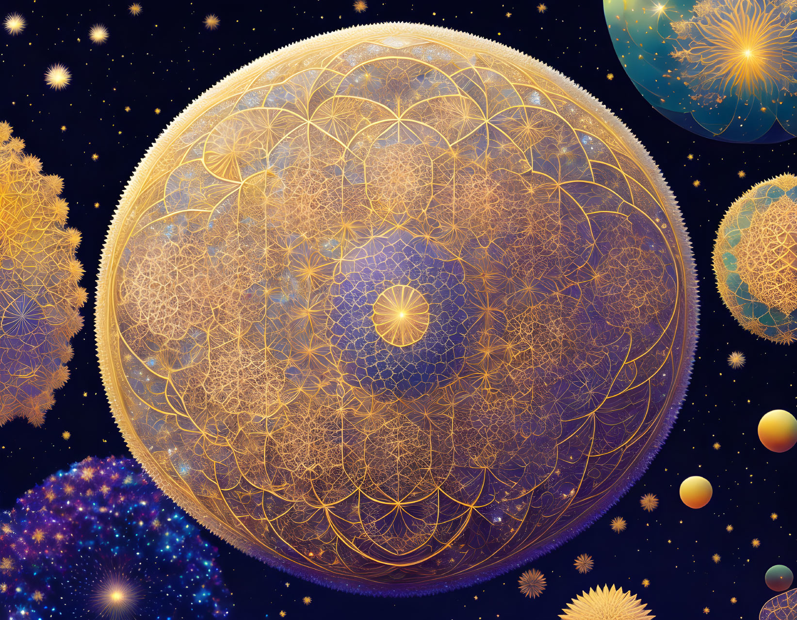 Celestial bodies with mandala-like patterns in a starry space