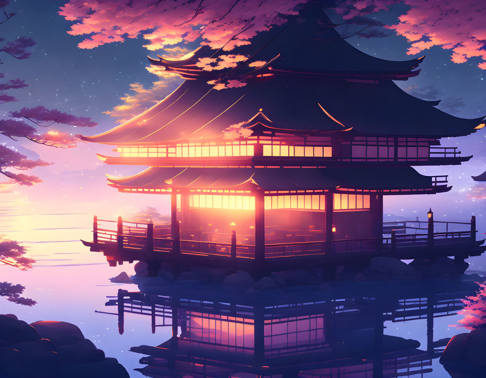 Illuminated multi-tiered pagoda at dusk with cherry blossoms in tranquil purple sky