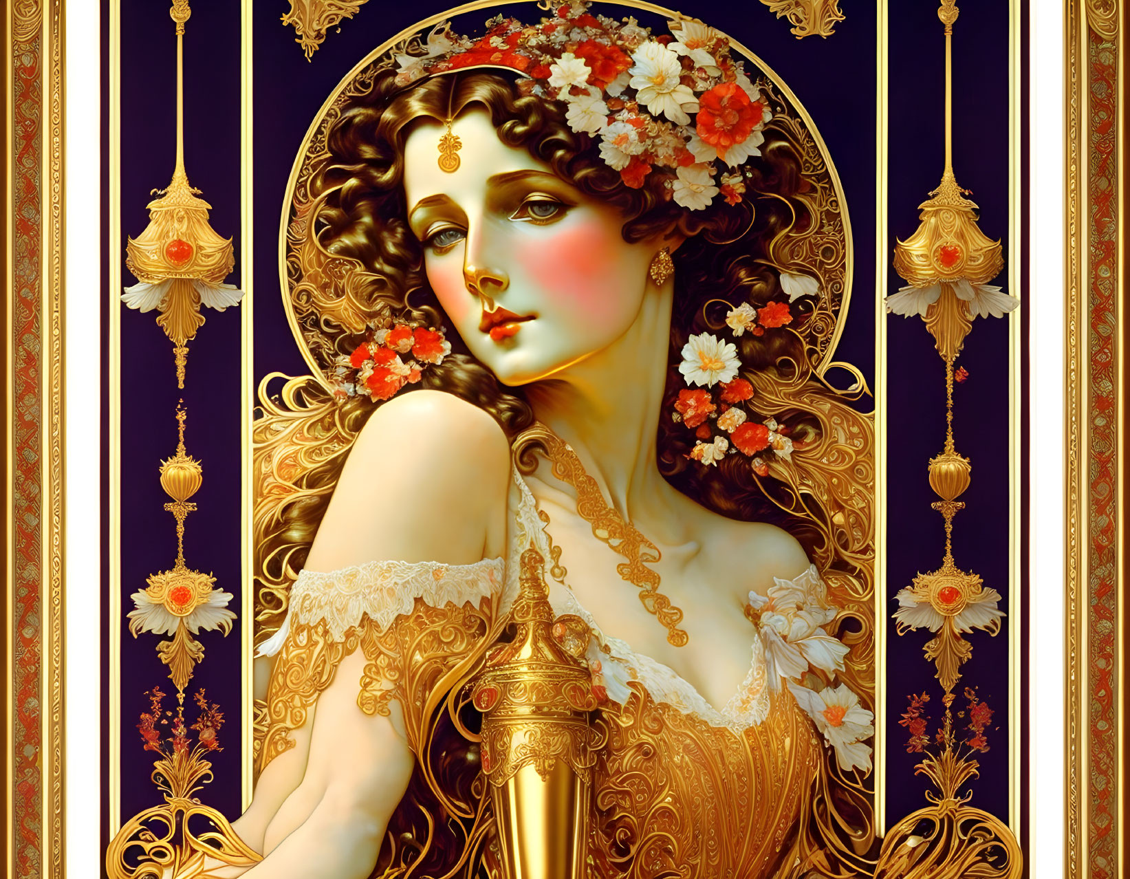 Art Nouveau Style Portrait of Woman with Flowers and Golden Ornate Details