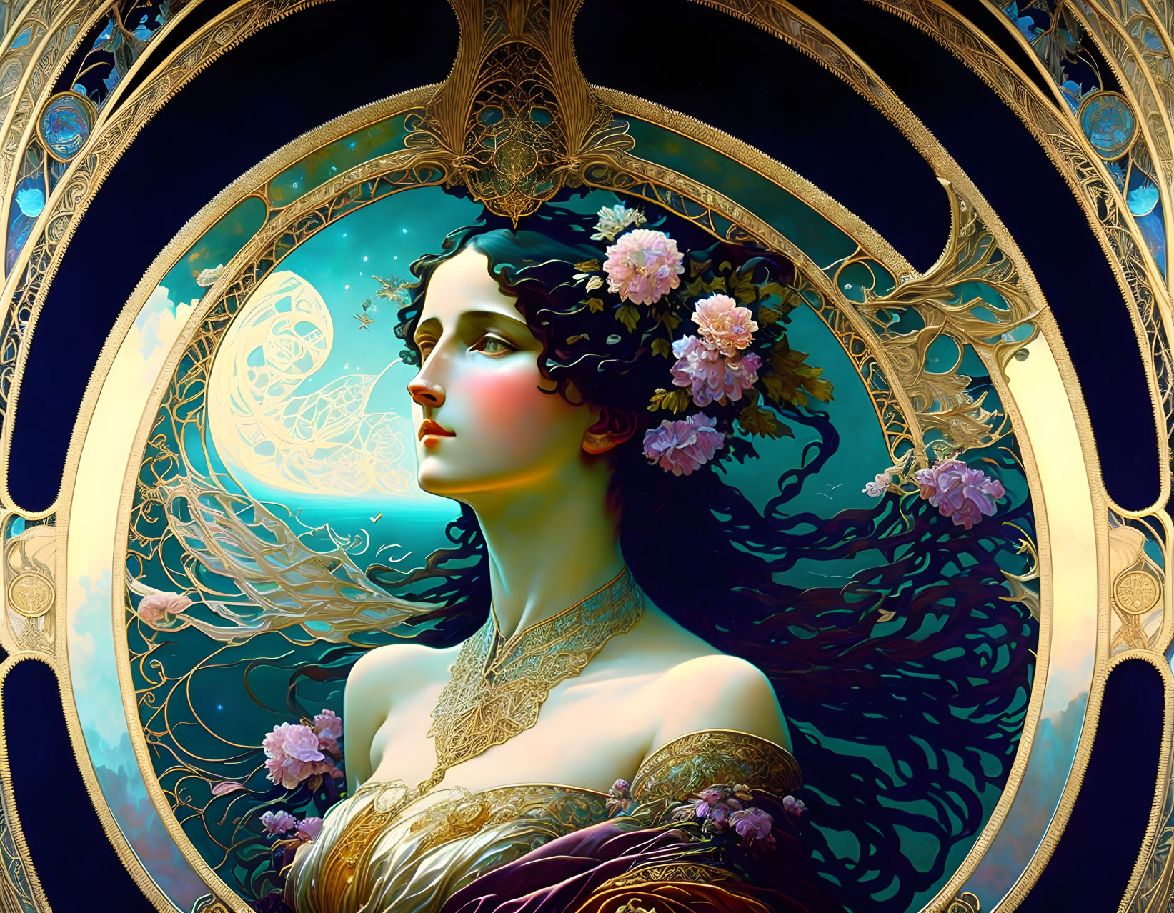 Art Nouveau Woman Portrait in Golden Celestial Frame