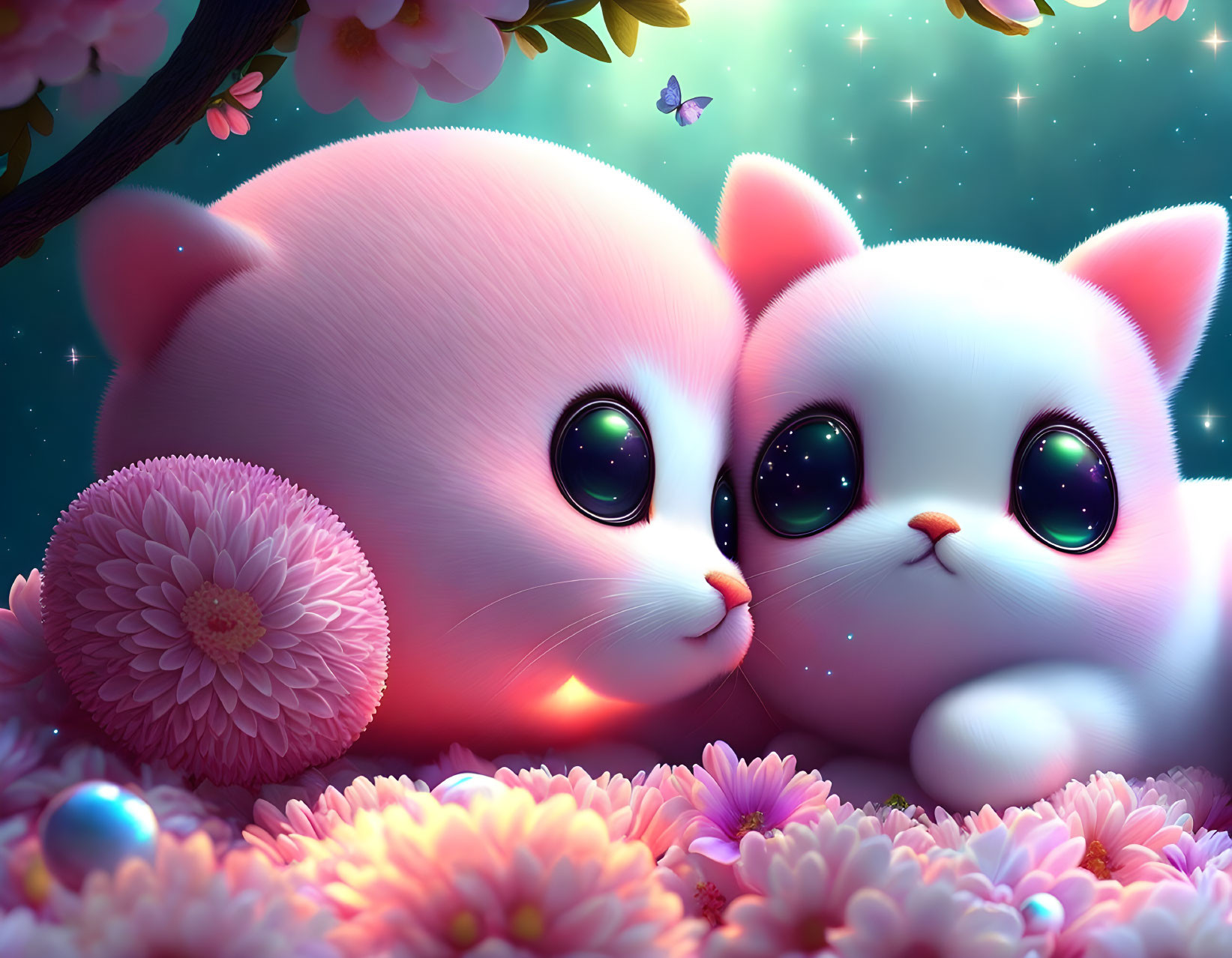 Cartoon Kittens Snuggling Among Colorful Flowers