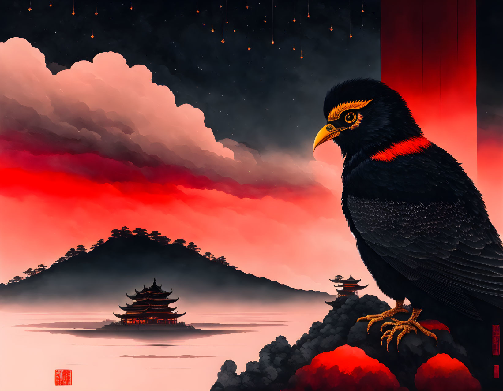 Majestic black bird in red and gray misty Asian landscape