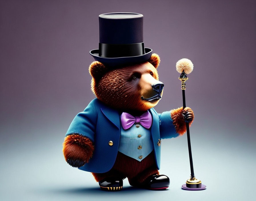 Anthropomorphic bear in blue jacket, purple bow tie, top hat, and cane