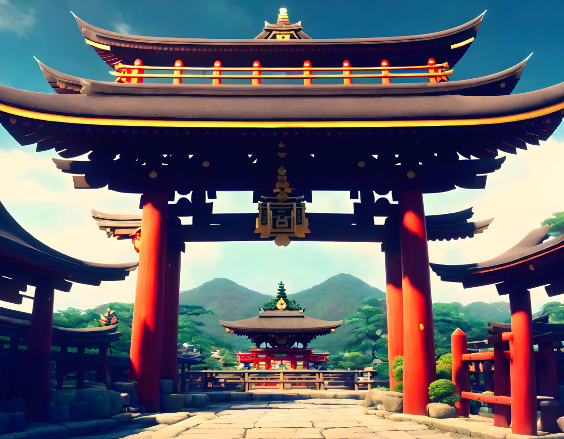 Traditional Japanese torii gate with shrine and mountains against blue sky