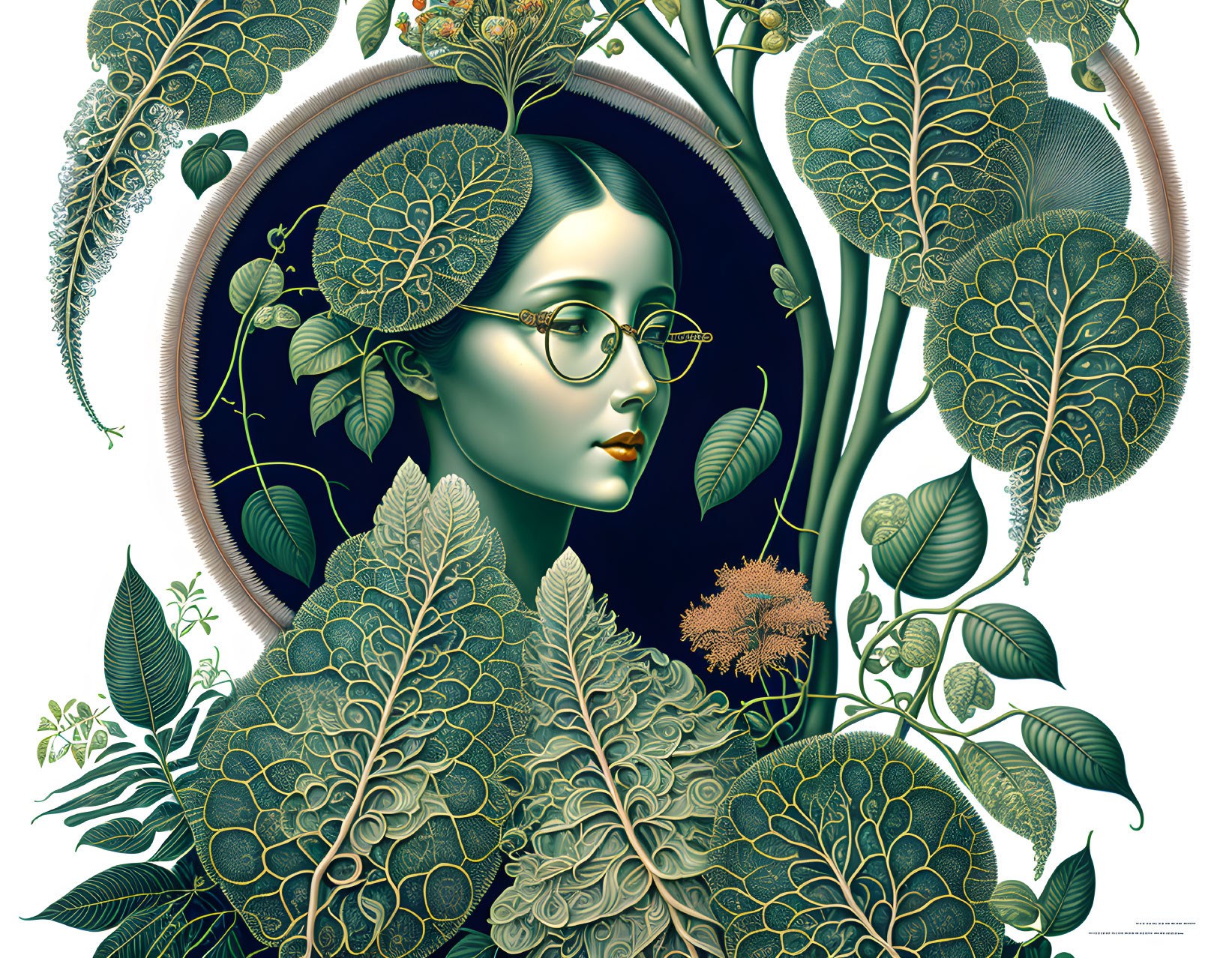 Woman with Glasses Surrounded by Green Foliage on Dark Background